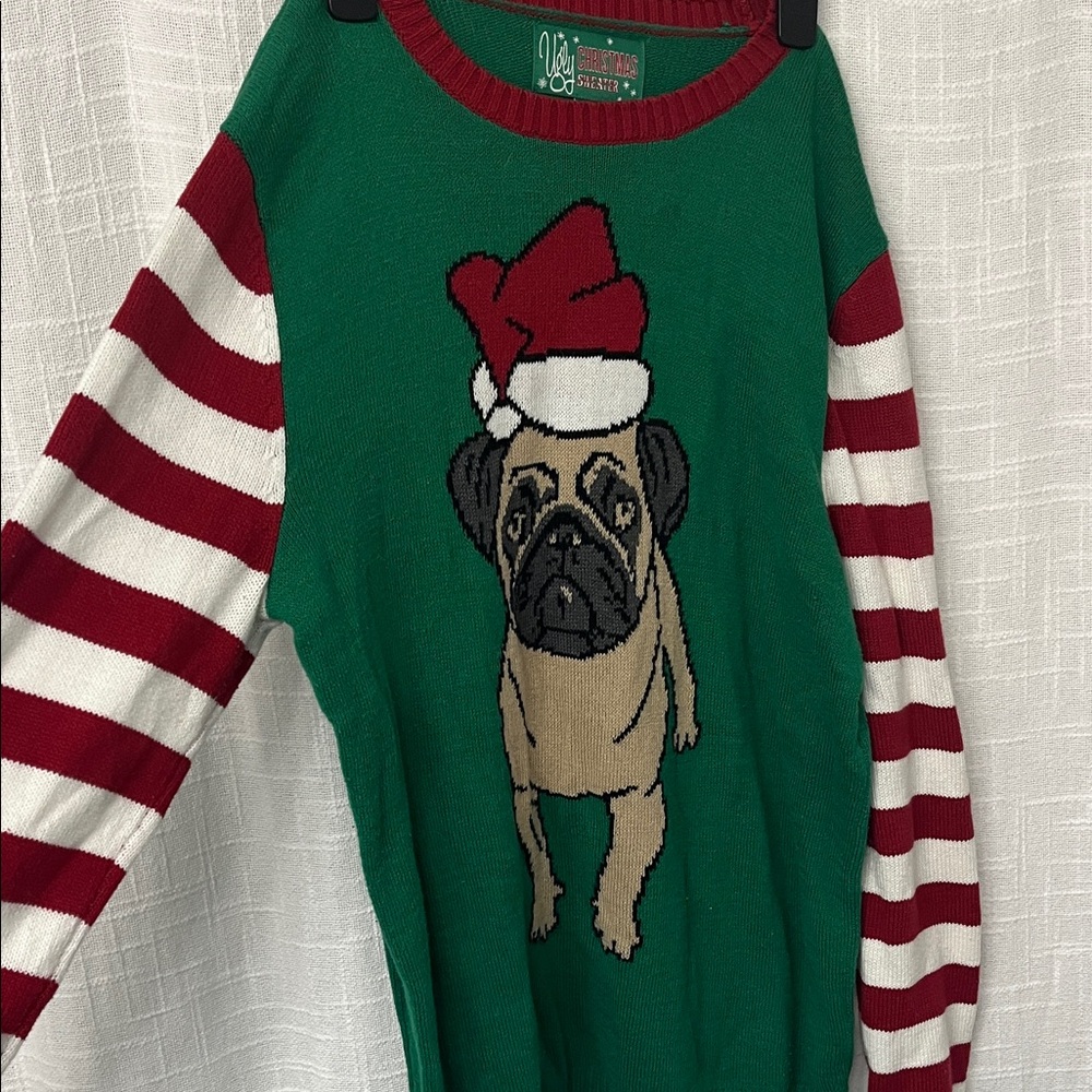 Ugly Christmas Sweater Green with Pug and Stripes